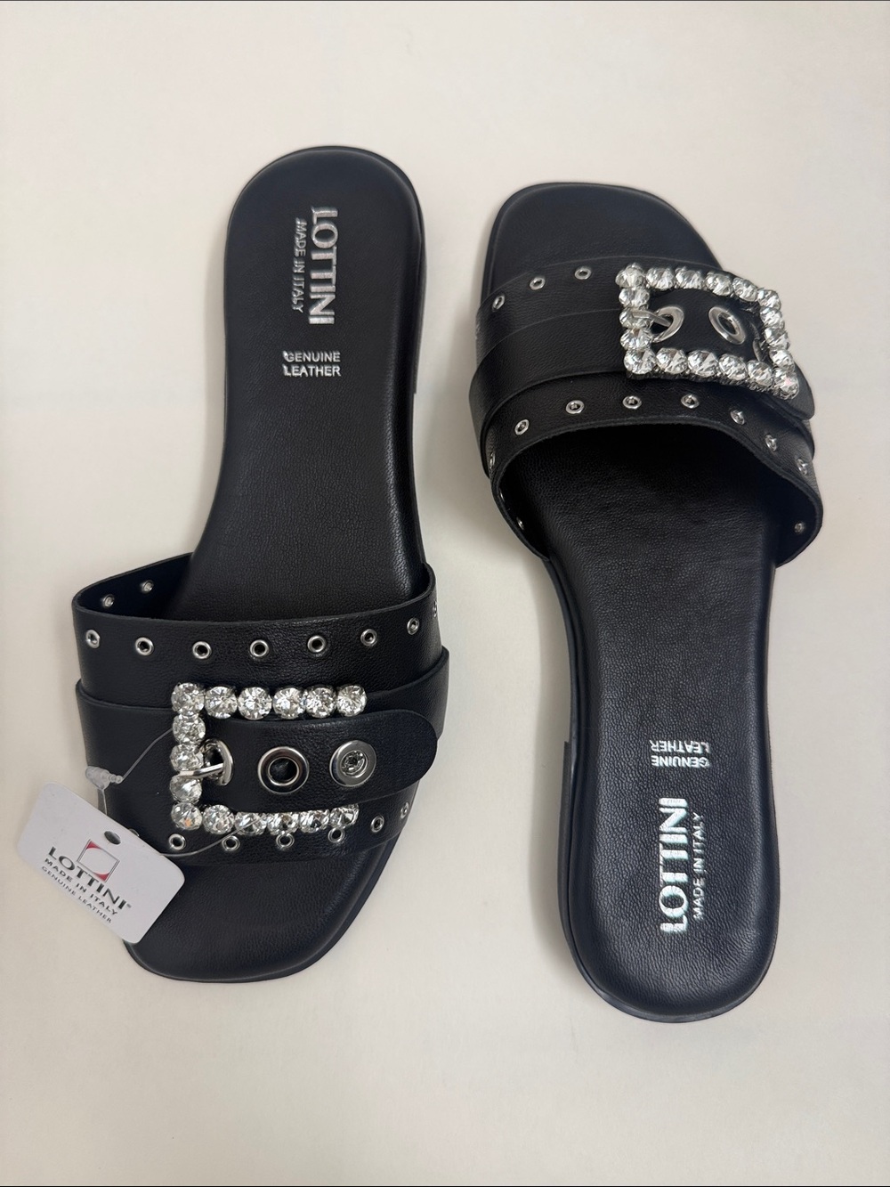 NWT Lottini Black Leather Crystal Buckle Slide Sandals Made in Italy